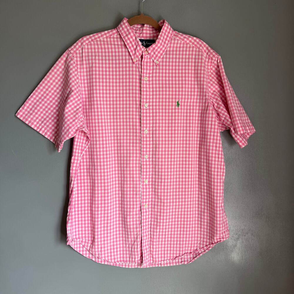 RALPH LAUREN Men's XL Pink Check Short Sleeve Button Down Shirt Preppy Classic